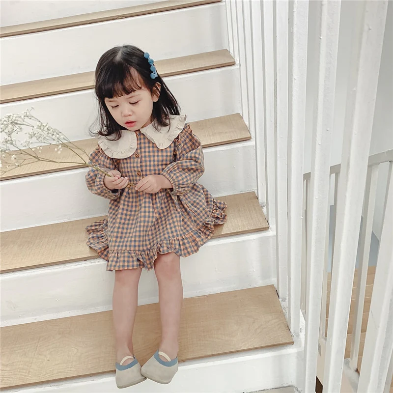 Spring Summer Girls Clothing Cute Children Dresses Kids Baby Girl Plaid Cotton Linen Lapel Collar Dress Long Sleeve Skirt - Image 9