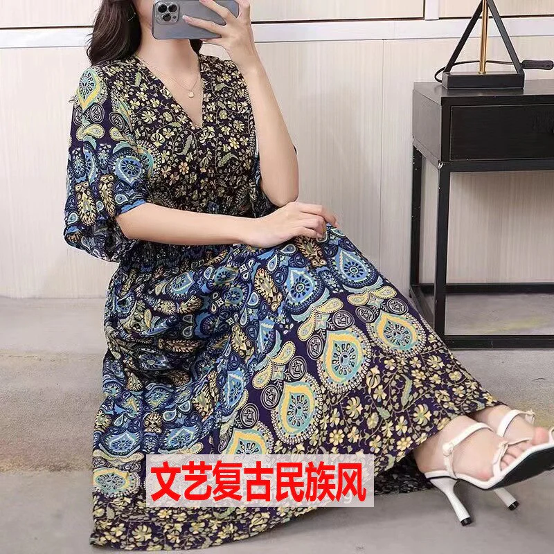 Summer Poplin Dresses Women Round Neck Puff Short Sleeve A Line Print Dresses Ethnic Style Tight High Waist Long Dress 2023 - Image 12