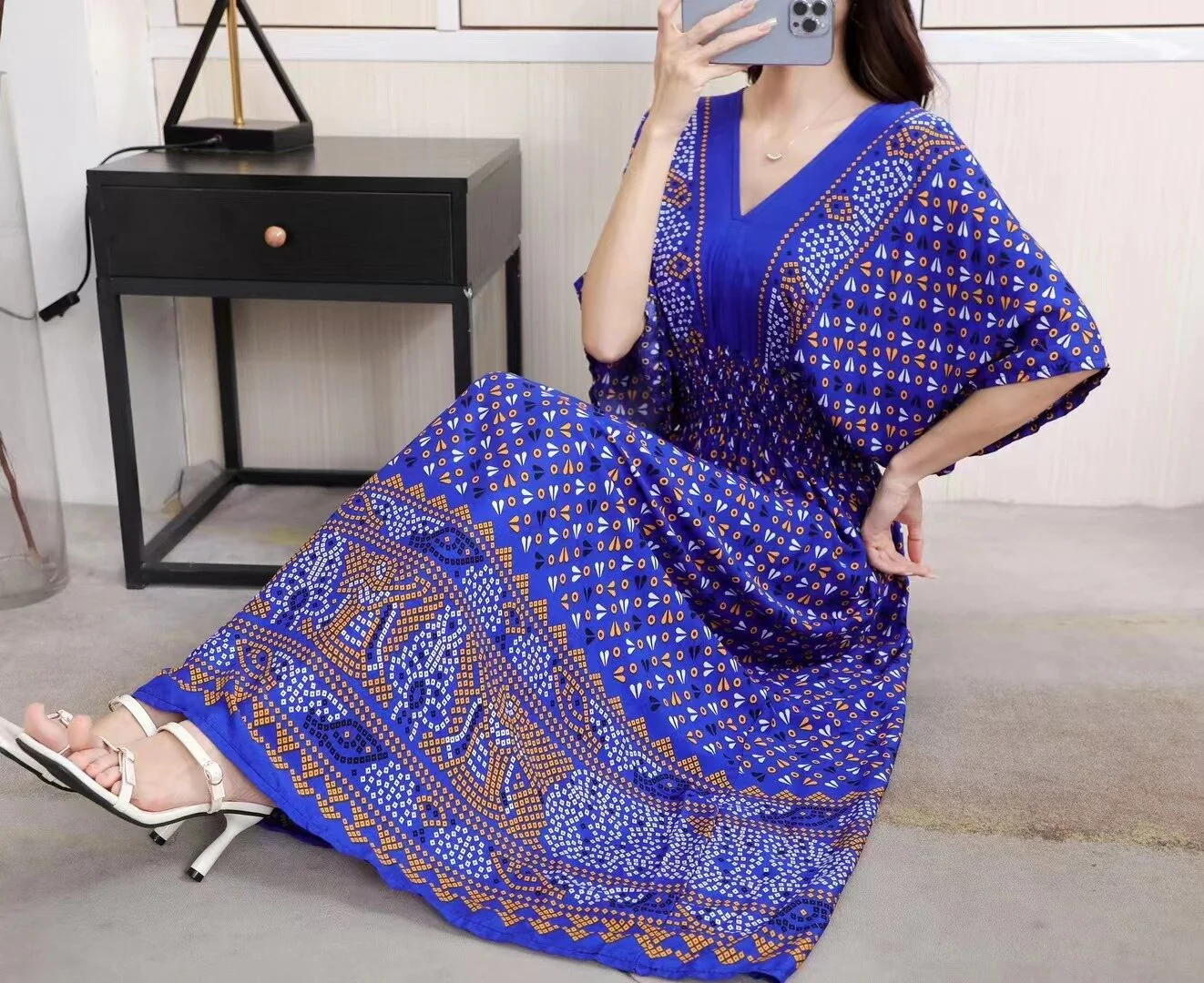 Summer Poplin Dresses Women Round Neck Puff Short Sleeve A Line Print Dresses Ethnic Style Tight High Waist Long Dress 2023 - Image 13