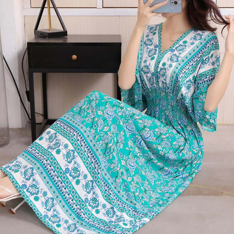 Summer Poplin Dresses Women Round Neck Puff Short Sleeve A Line Print Dresses Ethnic Style Tight High Waist Long Dress 2023 - Image 14
