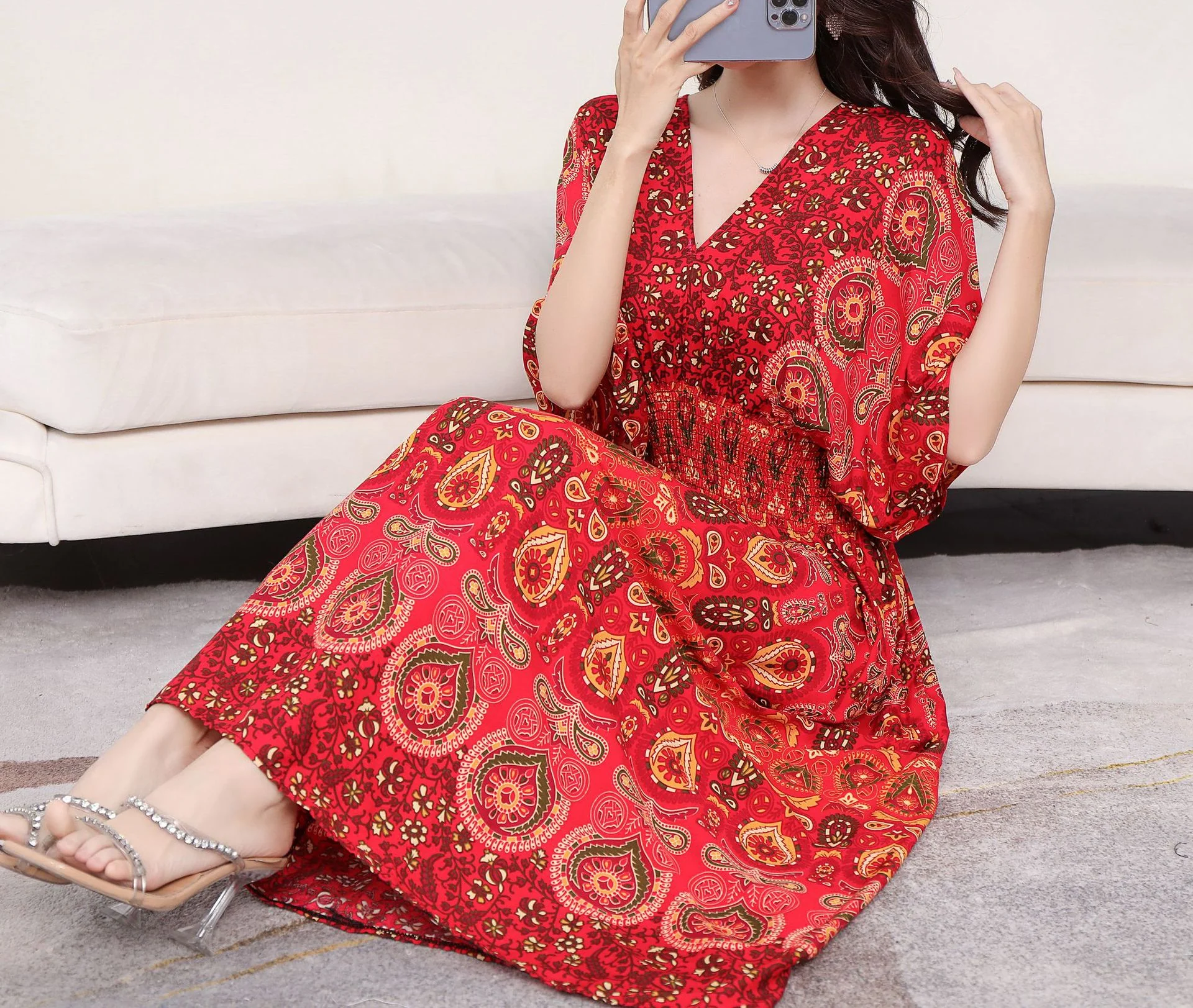 Summer Poplin Dresses Women Round Neck Puff Short Sleeve A Line Print Dresses Ethnic Style Tight High Waist Long Dress 2023 - Image 15
