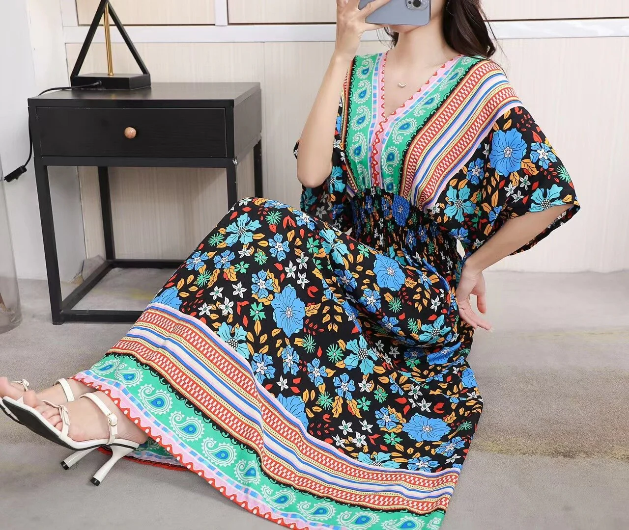 Summer Poplin Dresses Women Round Neck Puff Short Sleeve A Line Print Dresses Ethnic Style Tight High Waist Long Dress 2023 - Image 16