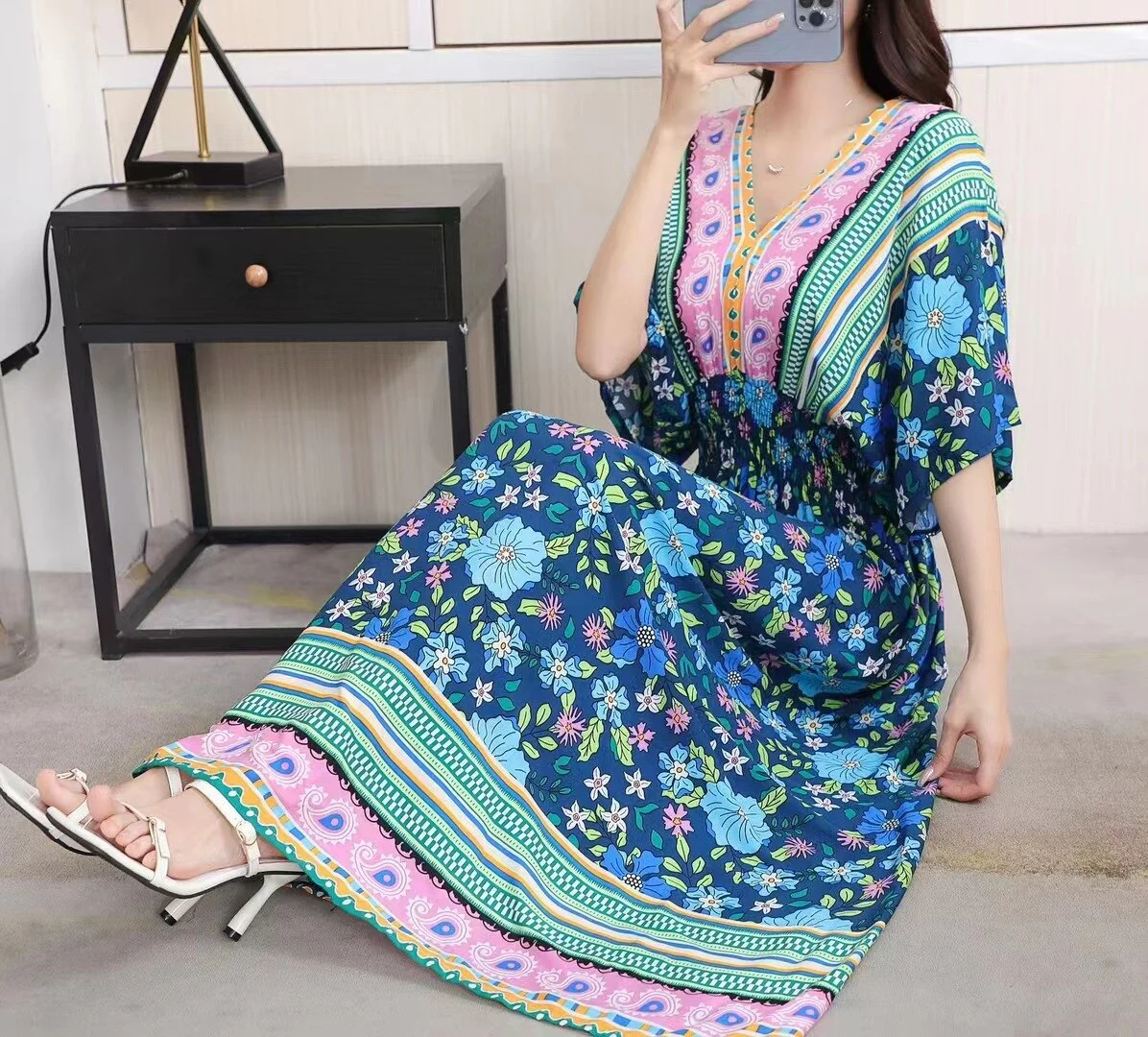 Summer Poplin Dresses Women Round Neck Puff Short Sleeve A Line Print Dresses Ethnic Style Tight High Waist Long Dress 2023 - Image 18