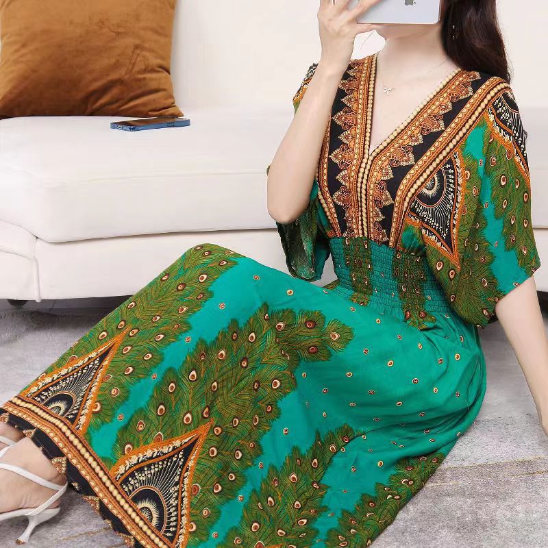 Summer Poplin Dresses Women Round Neck Puff Short Sleeve A Line Print Dresses Ethnic Style Tight High Waist Long Dress 2023 - Image 20