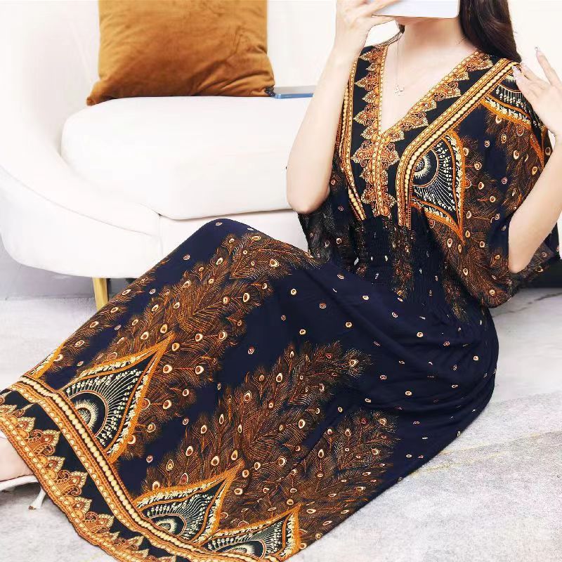 Summer Poplin Dresses Women Round Neck Puff Short Sleeve A Line Print Dresses Ethnic Style Tight High Waist Long Dress 2023 - Image 21