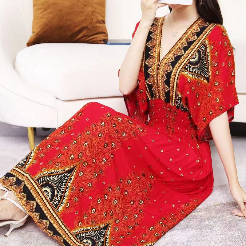 Summer Poplin Dresses Women Round Neck Puff Short Sleeve A Line Print Dresses Ethnic Style Tight High Waist Long Dress 2023 - Image 22