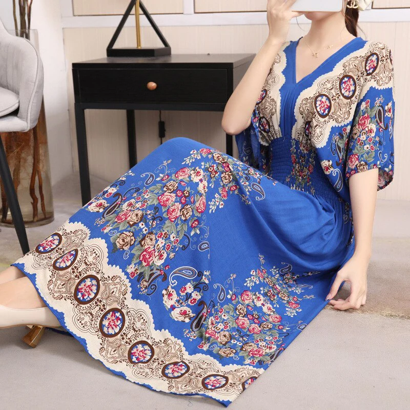 Summer Poplin Dresses Women Round Neck Puff Short Sleeve A Line Print Dresses Ethnic Style Tight High Waist Long Dress 2023 - Image 24