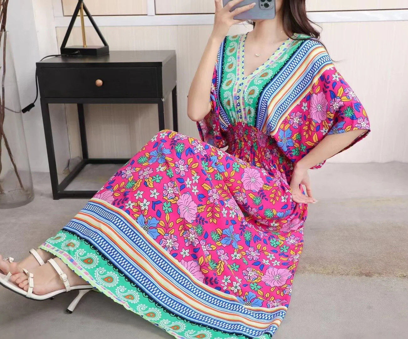 Summer Poplin Dresses Women Round Neck Puff Short Sleeve A Line Print Dresses Ethnic Style Tight High Waist Long Dress 2023 - Image 26