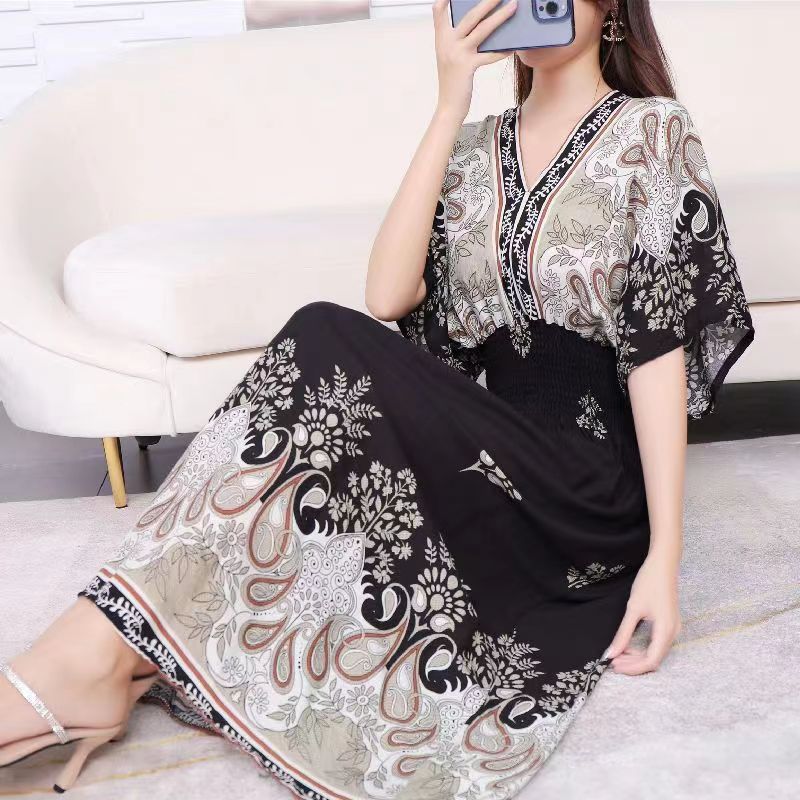 Summer Poplin Dresses Women Round Neck Puff Short Sleeve A Line Print Dresses Ethnic Style Tight High Waist Long Dress 2023 - Image 27