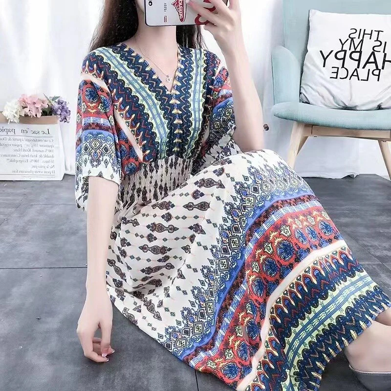 Summer Poplin Dresses Women Round Neck Puff Short Sleeve A Line Print Dresses Ethnic Style Tight High Waist Long Dress 2023 - Image 29
