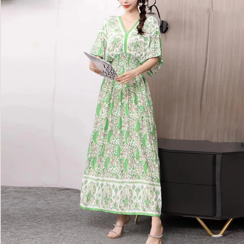 Summer Poplin Dresses Women Round Neck Puff Short Sleeve A Line Print Dresses Ethnic Style Tight High Waist Long Dress 2023 - Image 3