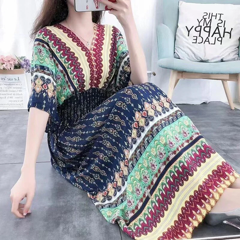 Summer Poplin Dresses Women Round Neck Puff Short Sleeve A Line Print Dresses Ethnic Style Tight High Waist Long Dress 2023 - Image 30