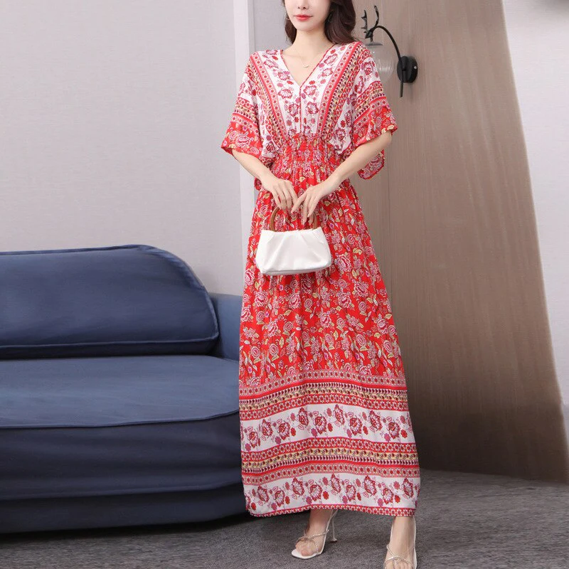 Summer Poplin Dresses Women Round Neck Puff Short Sleeve A Line Print Dresses Ethnic Style Tight High Waist Long Dress 2023 - Image 31