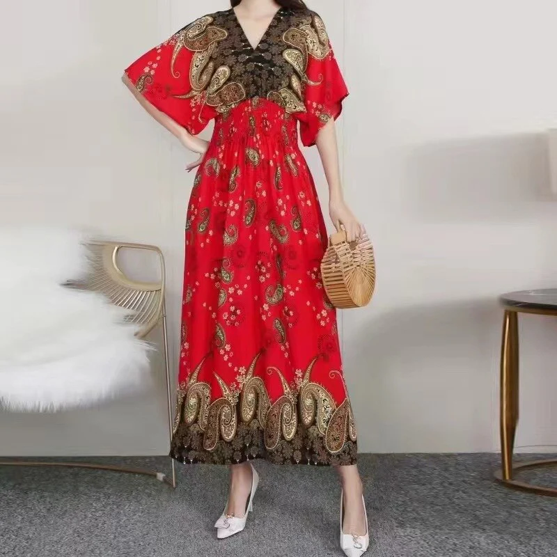 Summer Poplin Dresses Women Round Neck Puff Short Sleeve A Line Print Dresses Ethnic Style Tight High Waist Long Dress 2023 - Image 32