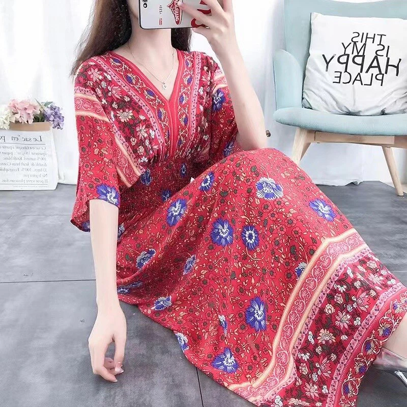 Summer Poplin Dresses Women Round Neck Puff Short Sleeve A Line Print Dresses Ethnic Style Tight High Waist Long Dress 2023 - Image 33