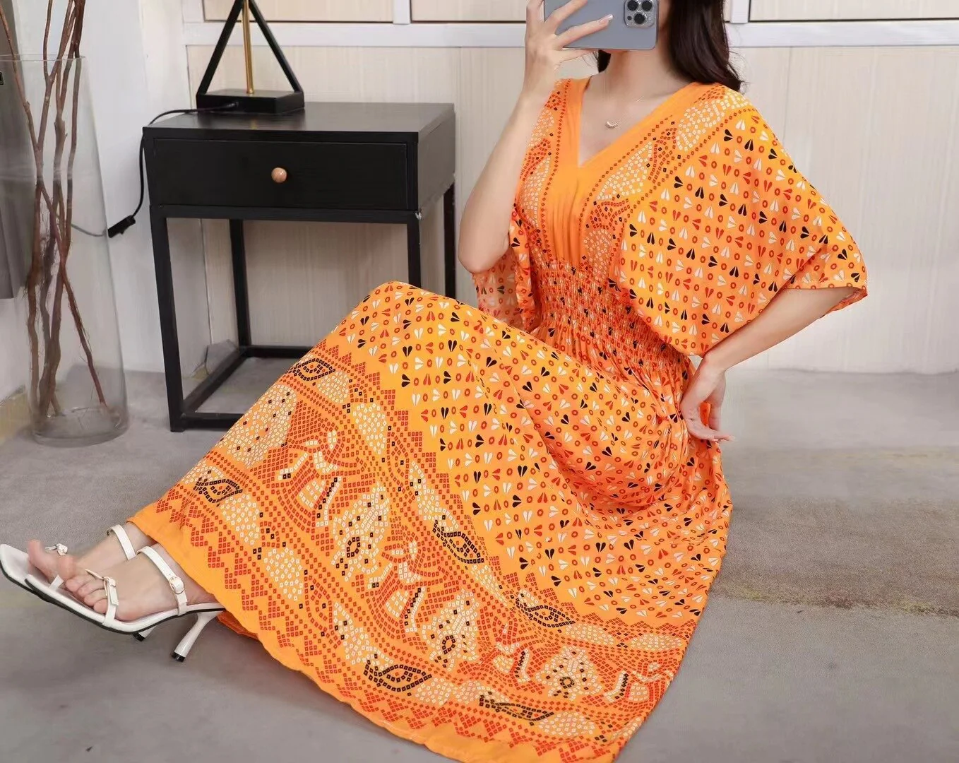 Summer Poplin Dresses Women Round Neck Puff Short Sleeve A Line Print Dresses Ethnic Style Tight High Waist Long Dress 2023 - Image 34