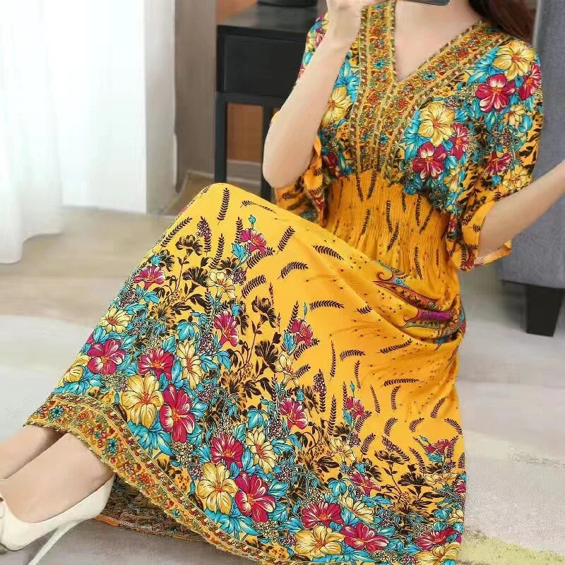 Summer Poplin Dresses Women Round Neck Puff Short Sleeve A Line Print Dresses Ethnic Style Tight High Waist Long Dress 2023 - Image 35