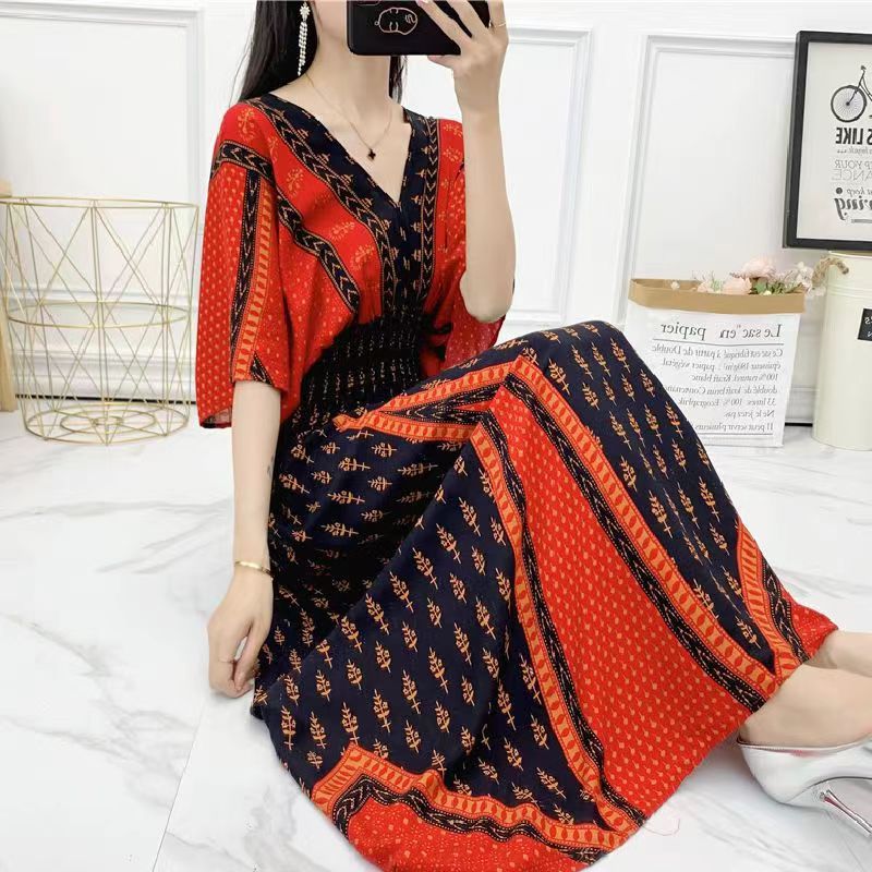 Summer Poplin Dresses Women Round Neck Puff Short Sleeve A Line Print Dresses Ethnic Style Tight High Waist Long Dress 2023 - Image 36