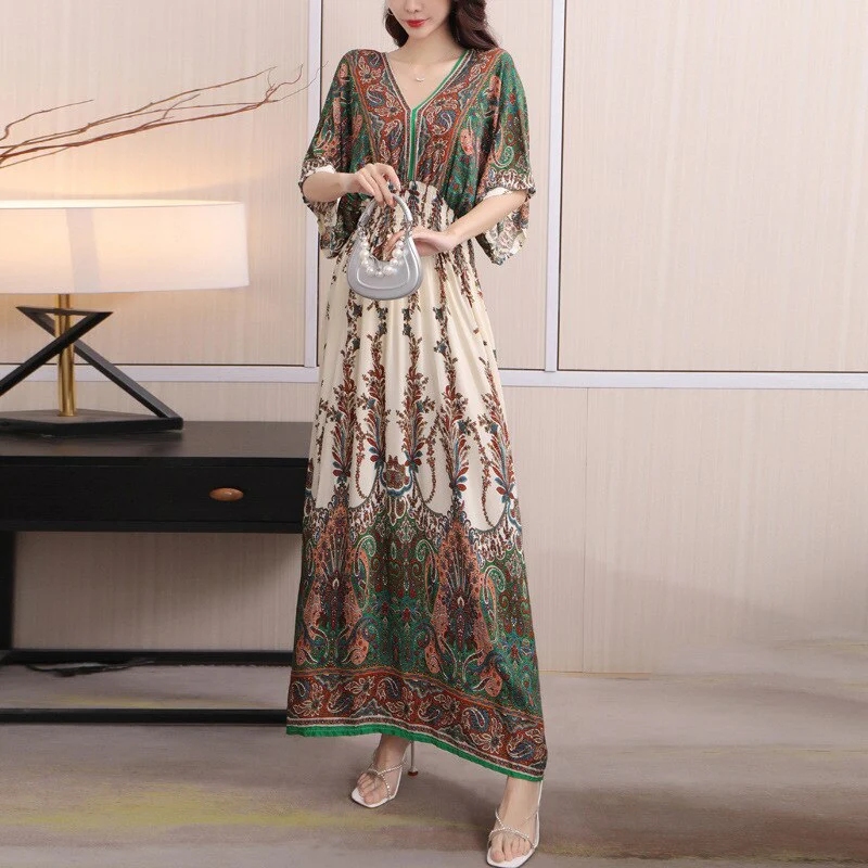 Summer Poplin Dresses Women Round Neck Puff Short Sleeve A Line Print Dresses Ethnic Style Tight High Waist Long Dress 2023 - Image 37