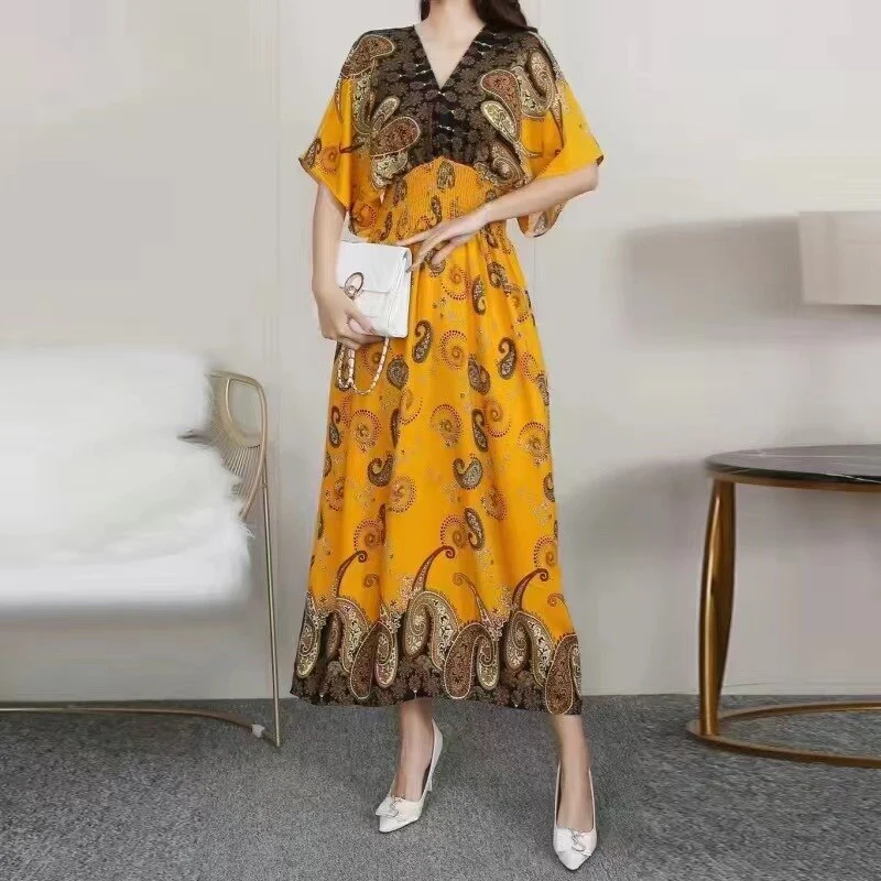 Summer Poplin Dresses Women Round Neck Puff Short Sleeve A Line Print Dresses Ethnic Style Tight High Waist Long Dress 2023 - Image 38