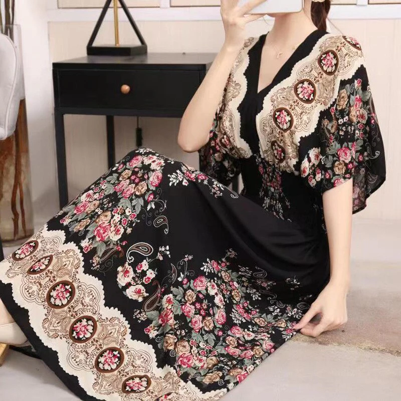 Summer Poplin Dresses Women Round Neck Puff Short Sleeve A Line Print Dresses Ethnic Style Tight High Waist Long Dress 2023 - Image 39