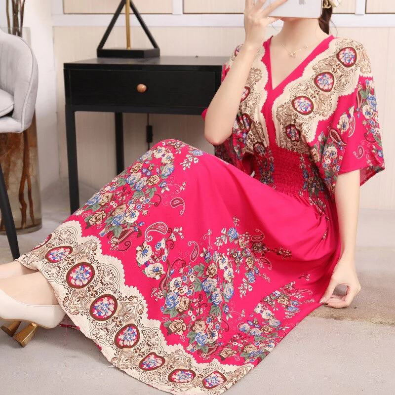 Summer Poplin Dresses Women Round Neck Puff Short Sleeve A Line Print Dresses Ethnic Style Tight High Waist Long Dress 2023 - Image 40