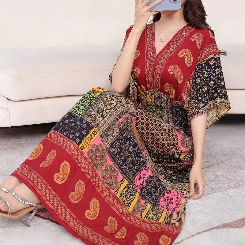 Summer Poplin Dresses Women Round Neck Puff Short Sleeve A Line Print Dresses Ethnic Style Tight High Waist Long Dress 2023 - Image 42