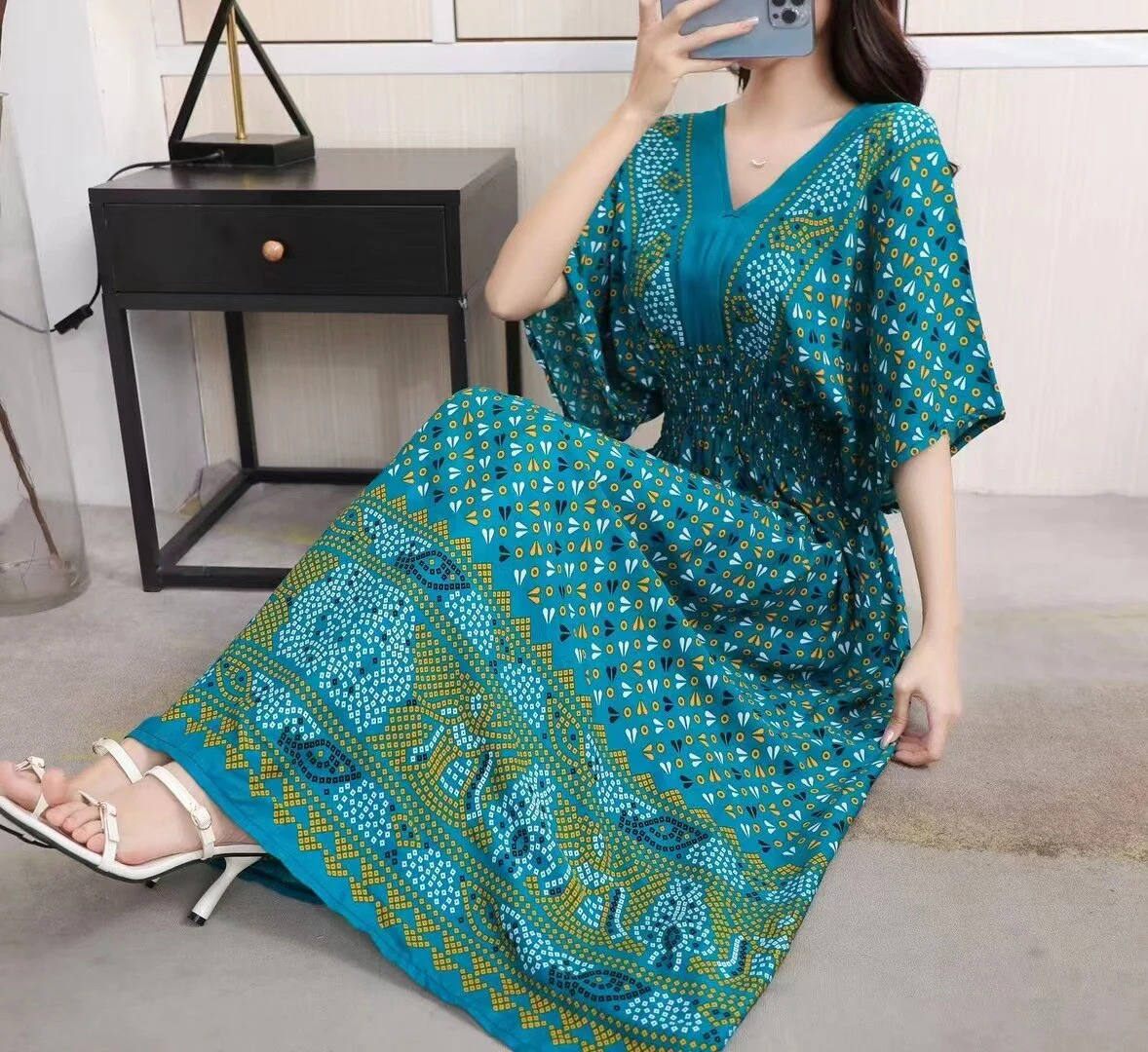 Summer Poplin Dresses Women Round Neck Puff Short Sleeve A Line Print Dresses Ethnic Style Tight High Waist Long Dress 2023 - Image 44