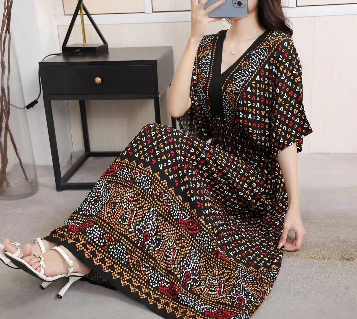 Summer Poplin Dresses Women Round Neck Puff Short Sleeve A Line Print Dresses Ethnic Style Tight High Waist Long Dress 2023 - Image 48