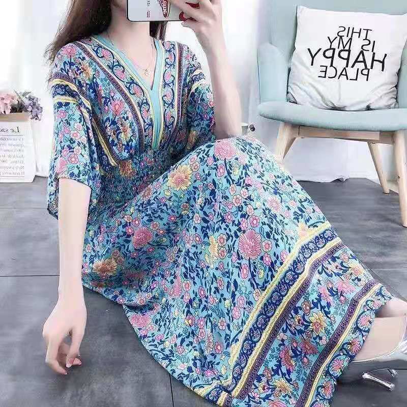 Summer Poplin Dresses Women Round Neck Puff Short Sleeve A Line Print Dresses Ethnic Style Tight High Waist Long Dress 2023 - Image 50