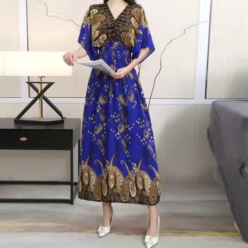 Summer Poplin Dresses Women Round Neck Puff Short Sleeve A Line Print Dresses Ethnic Style Tight High Waist Long Dress 2023 - Image 52