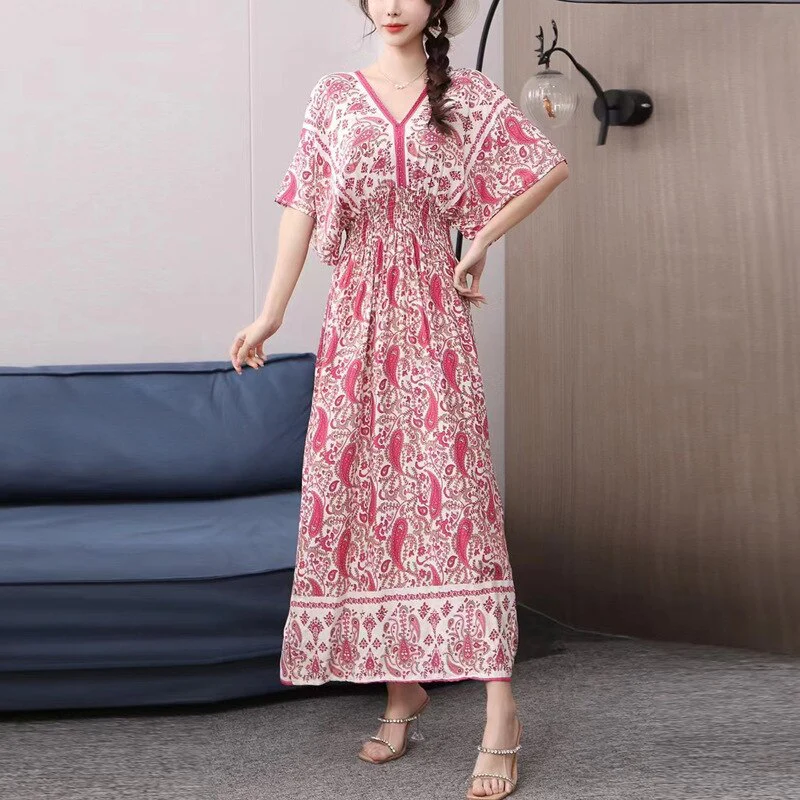 Summer Poplin Dresses Women Round Neck Puff Short Sleeve A Line Print Dresses Ethnic Style Tight High Waist Long Dress 2023 - Image 53