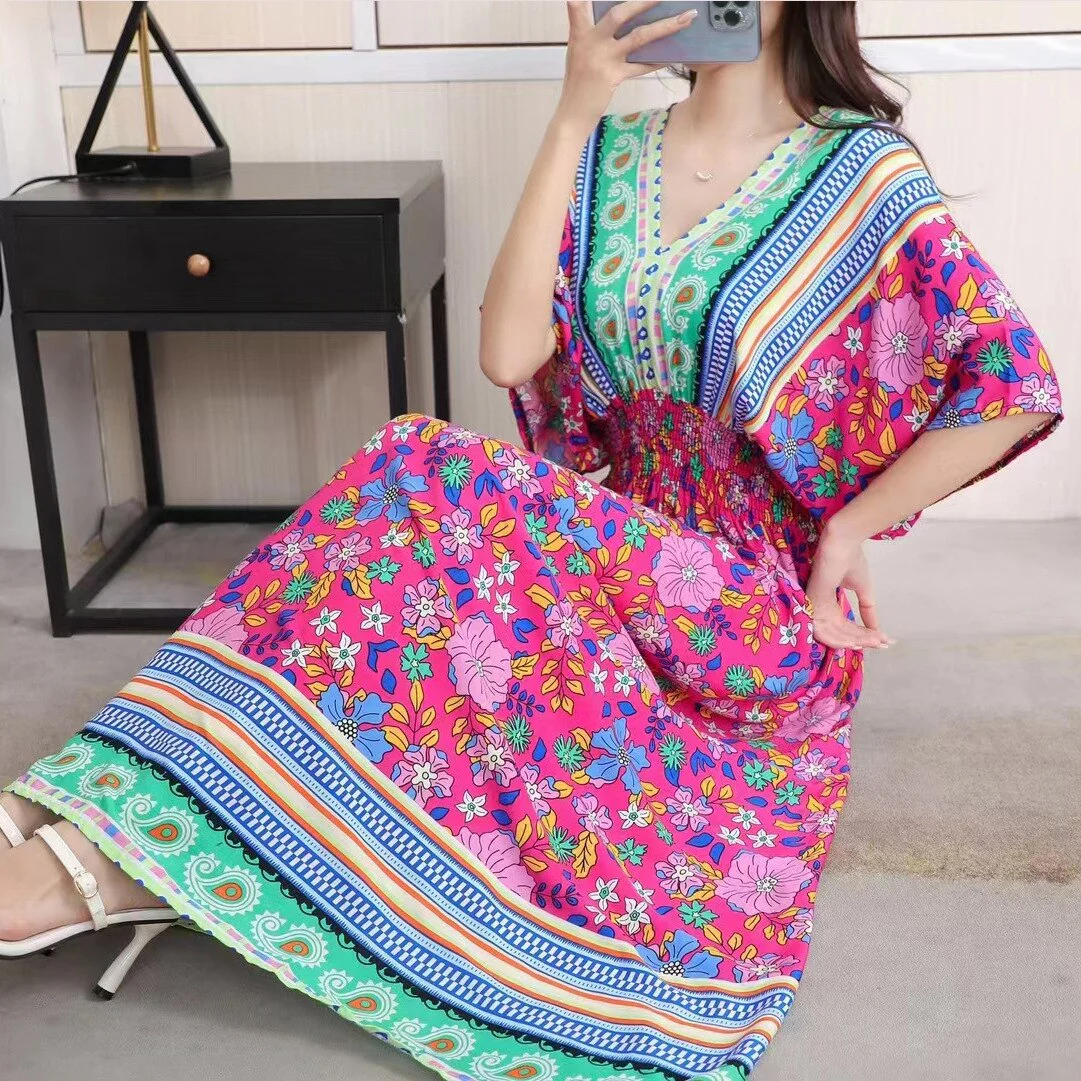 Summer Poplin Dresses Women Round Neck Puff Short Sleeve A Line Print Dresses Ethnic Style Tight High Waist Long Dress 2023 - Image 54