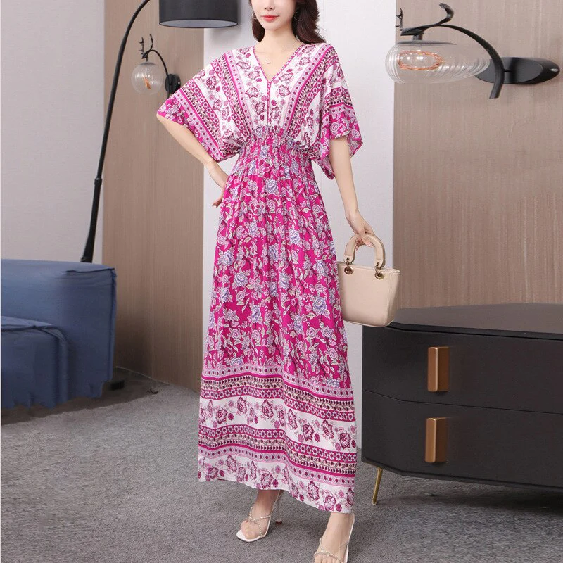 Summer Poplin Dresses Women Round Neck Puff Short Sleeve A Line Print Dresses Ethnic Style Tight High Waist Long Dress 2023 - Image 8