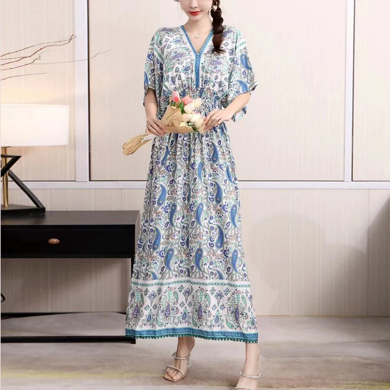 Summer Poplin Dresses Women Round Neck Puff Short Sleeve A Line Print Dresses Ethnic Style Tight High Waist Long Dress 2023 - Image 9