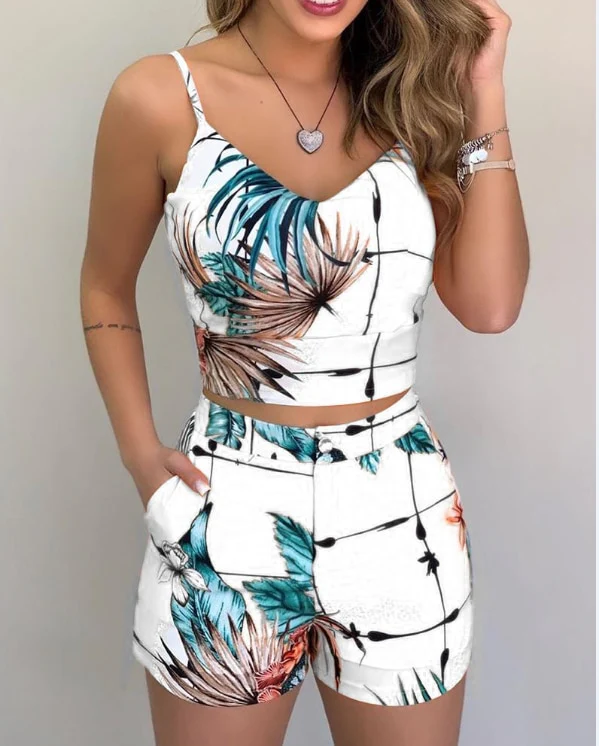 Summer Women Fashion 2-piece Outfit Set Sleeveless Print Top and Shorts Set for Ladies Women Party wear - Image 6