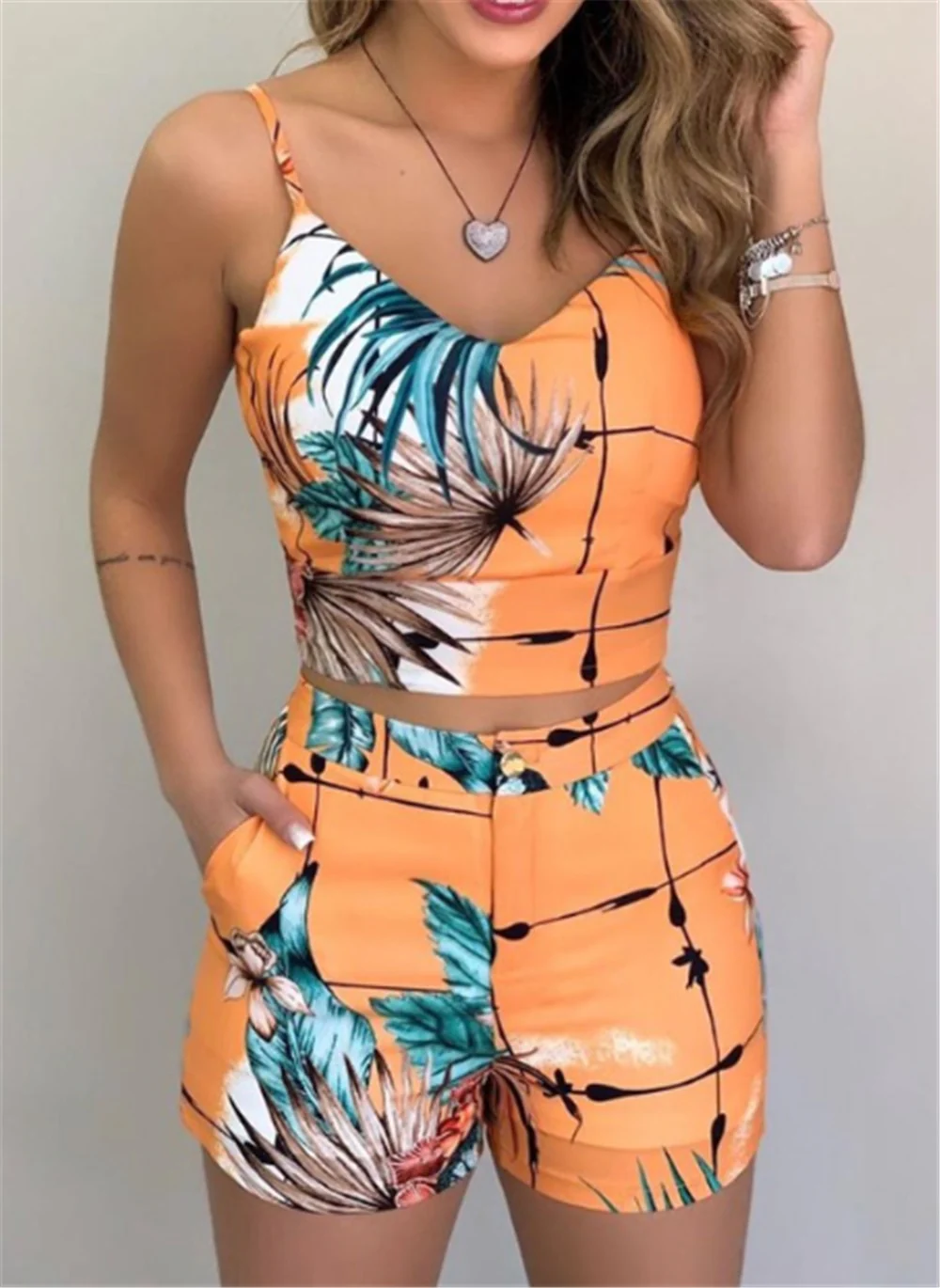 Summer Women Fashion 2-piece Outfit Set Sleeveless Print Top and Shorts Set for Ladies Women Party wear - Image 7