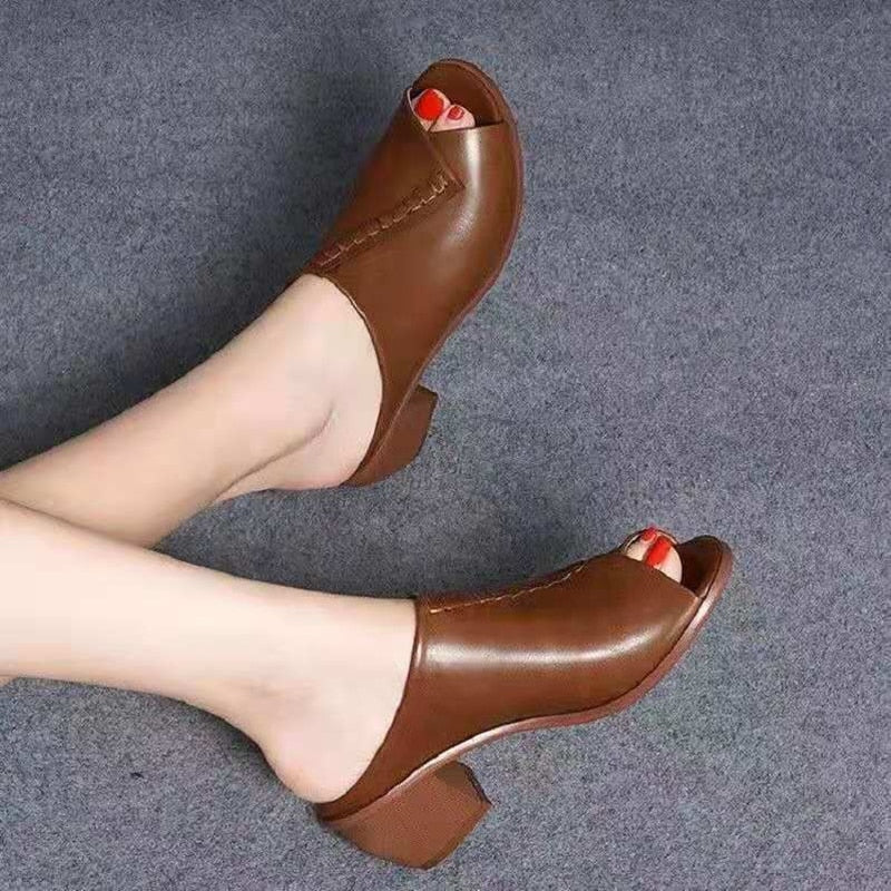 Thick-heeled Soft Leather Outer Slippers Fish Mouth Comfortable Versatile Mid-heeled Women Sandals Women's Mother's Shoes Women - Image 3