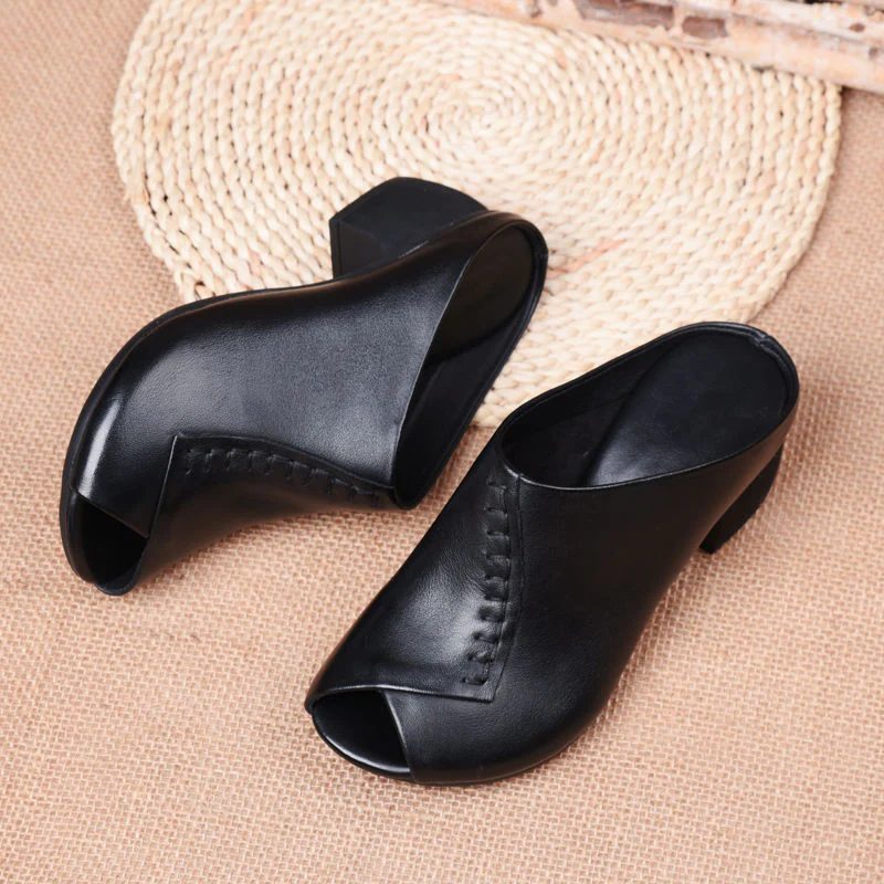 Thick-heeled Soft Leather Outer Slippers Fish Mouth Comfortable Versatile Mid-heeled Women Sandals Women's Mother's Shoes Women - Image 4