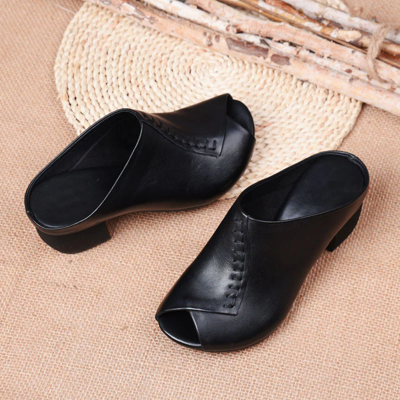 Thick-heeled Soft Leather Outer Slippers Fish Mouth Comfortable Versatile Mid-heeled Women Sandals Women's Mother's Shoes Women - Image 7