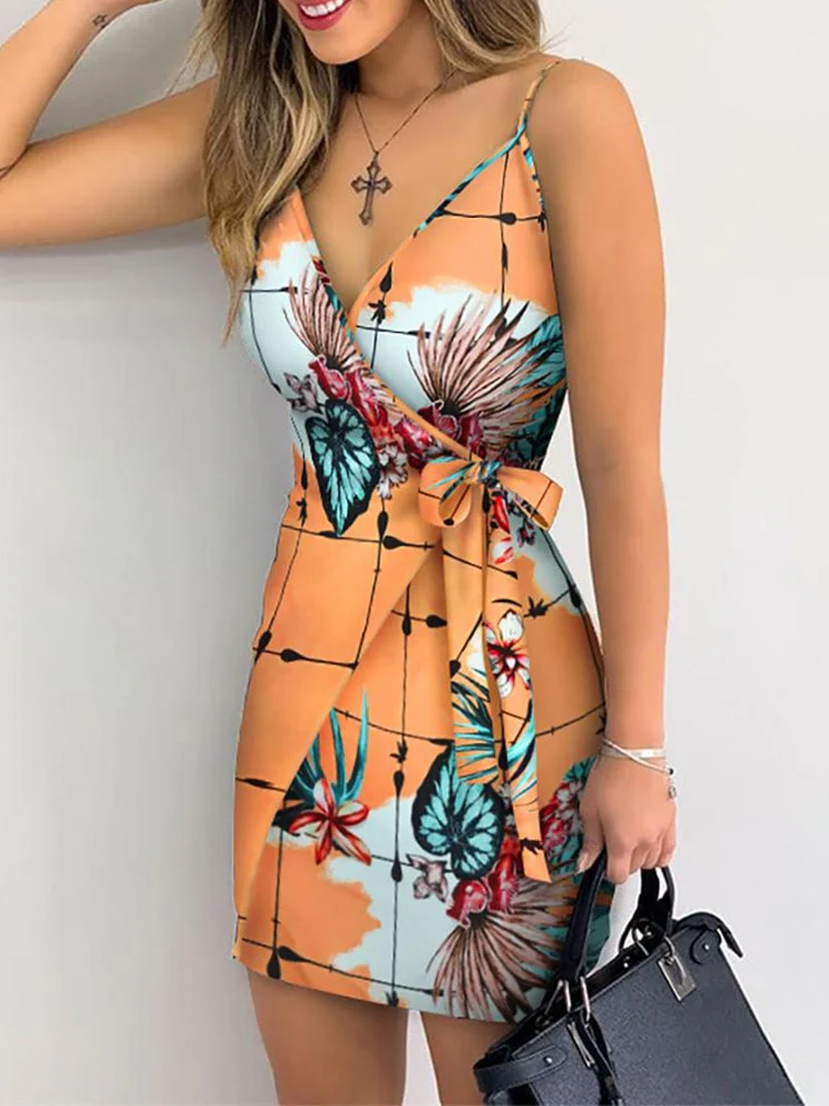 Tropical Print V-Neck Wrap Casual Dress Women Sleeveless Summer Holiday Mini Dress - Image 3
