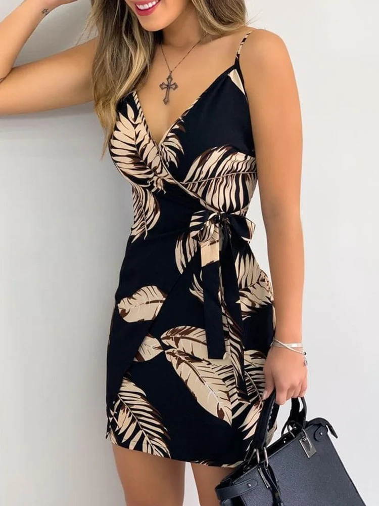 Tropical Print V-Neck Wrap Casual Dress Women Sleeveless Summer Holiday Mini Dress - Image 4