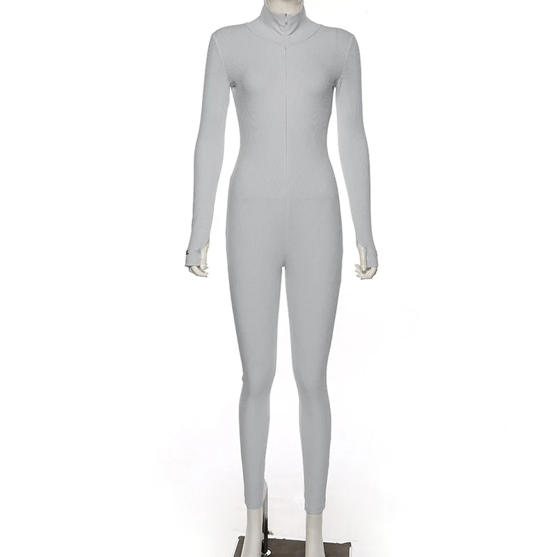 Turtleneck Knit Rib Bodycon Jumpsuit Women Embroidery Lucky Label Long Sleeve Zipper Fitness Black Grey Rompers Women Jumpsuit - Image 10