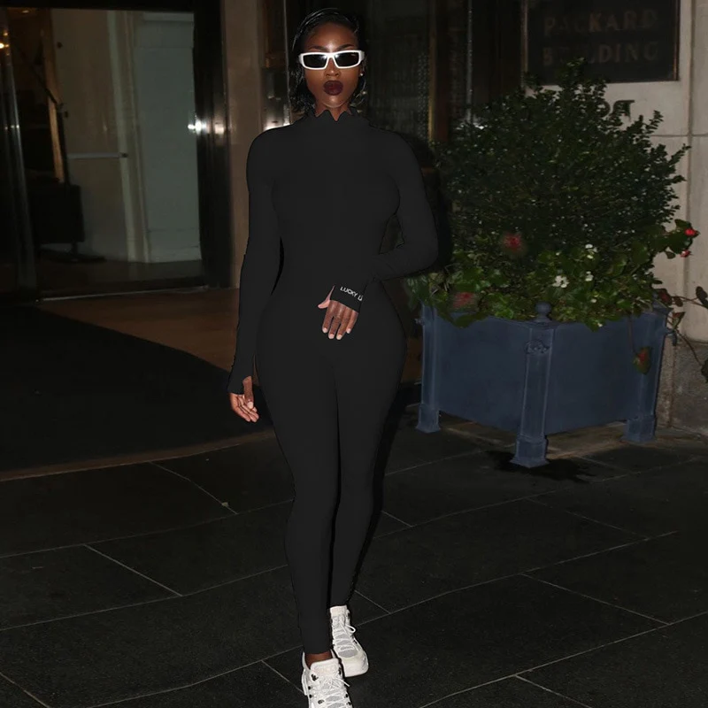 Turtleneck Knit Rib Bodycon Jumpsuit Women Embroidery Lucky Label Long Sleeve Zipper Fitness Black Grey Rompers Women Jumpsuit - Image 12