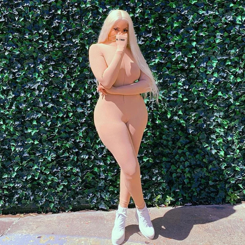 Turtleneck Knit Rib Bodycon Jumpsuit Women Embroidery Lucky Label Long Sleeve Zipper Fitness Black Grey Rompers Women Jumpsuit - Image 13