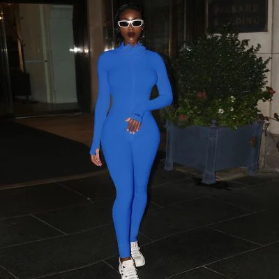 Turtleneck Knit Rib Bodycon Jumpsuit Women Embroidery Lucky Label Long Sleeve Zipper Fitness Black Grey Rompers Women Jumpsuit - Image 5