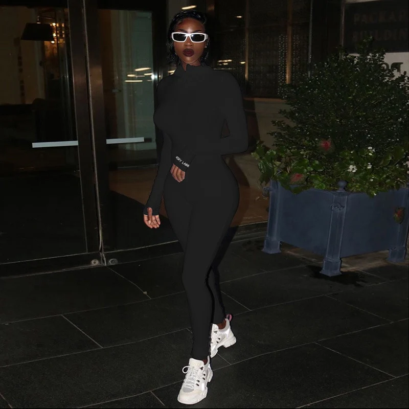 Turtleneck Knit Rib Bodycon Jumpsuit Women Embroidery Lucky Label Long Sleeve Zipper Fitness Black Grey Rompers Women Jumpsuit - Image 9