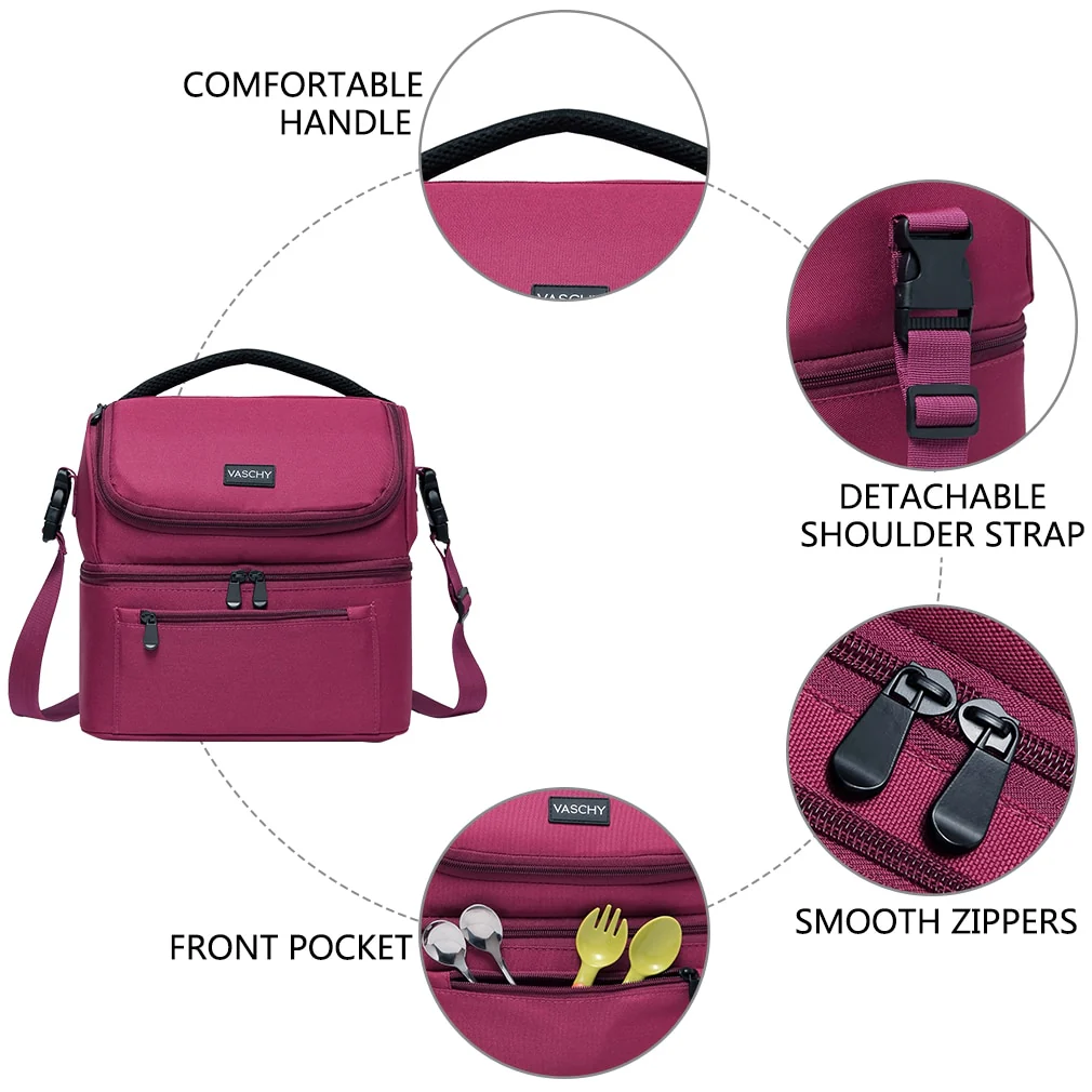VASCHY Lunch Bag Insulated Lunch Cooler Bag Leak-proof in Dual Compartment Bento Bag for Women Men 14 Cans Picnic Bag Burgundy - Image 7