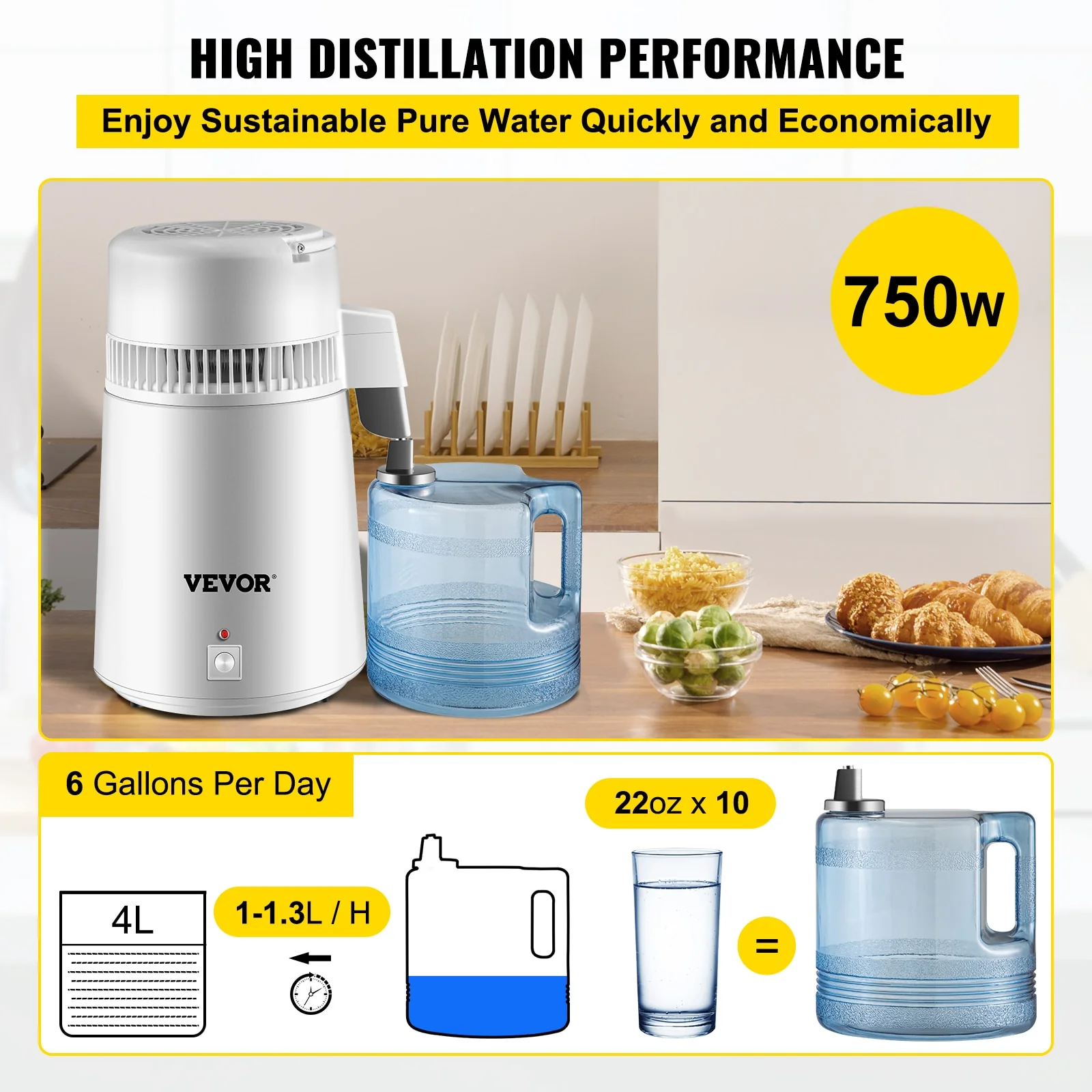 VEVOR 4L Water Distiller Purifier Filter Dispenser Heating Drinking Bottle Softener 304 Stainless Steel Home Appliance for Offic - Image 4