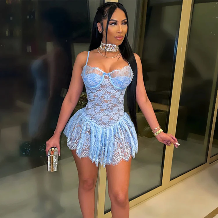 Sexy new arrivals women ladies summer dresses spaghetti strap hot night see throught lace mini dress - Image 5